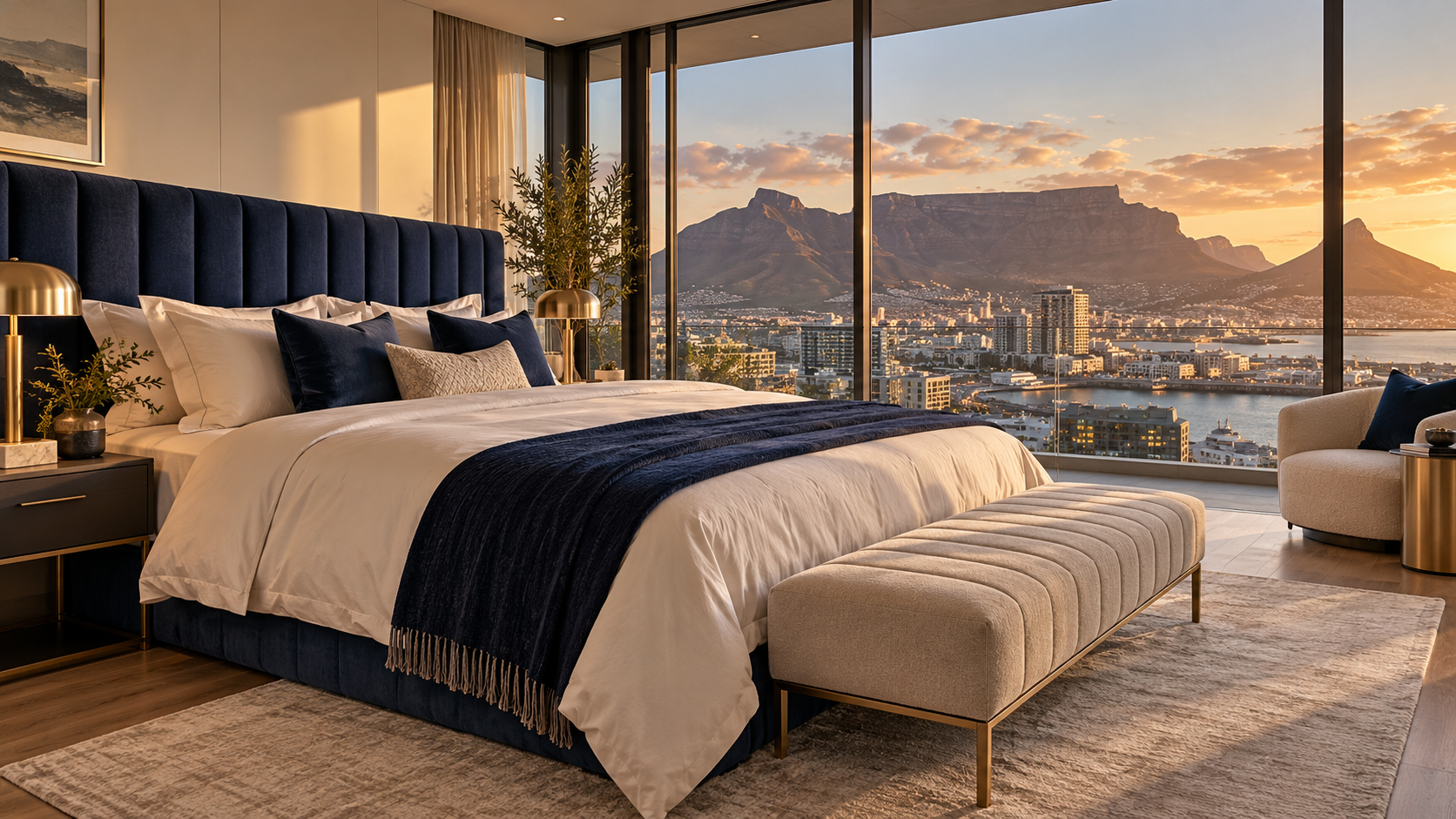 Navy and gold bedroom overlooking Table Mountain at sunset